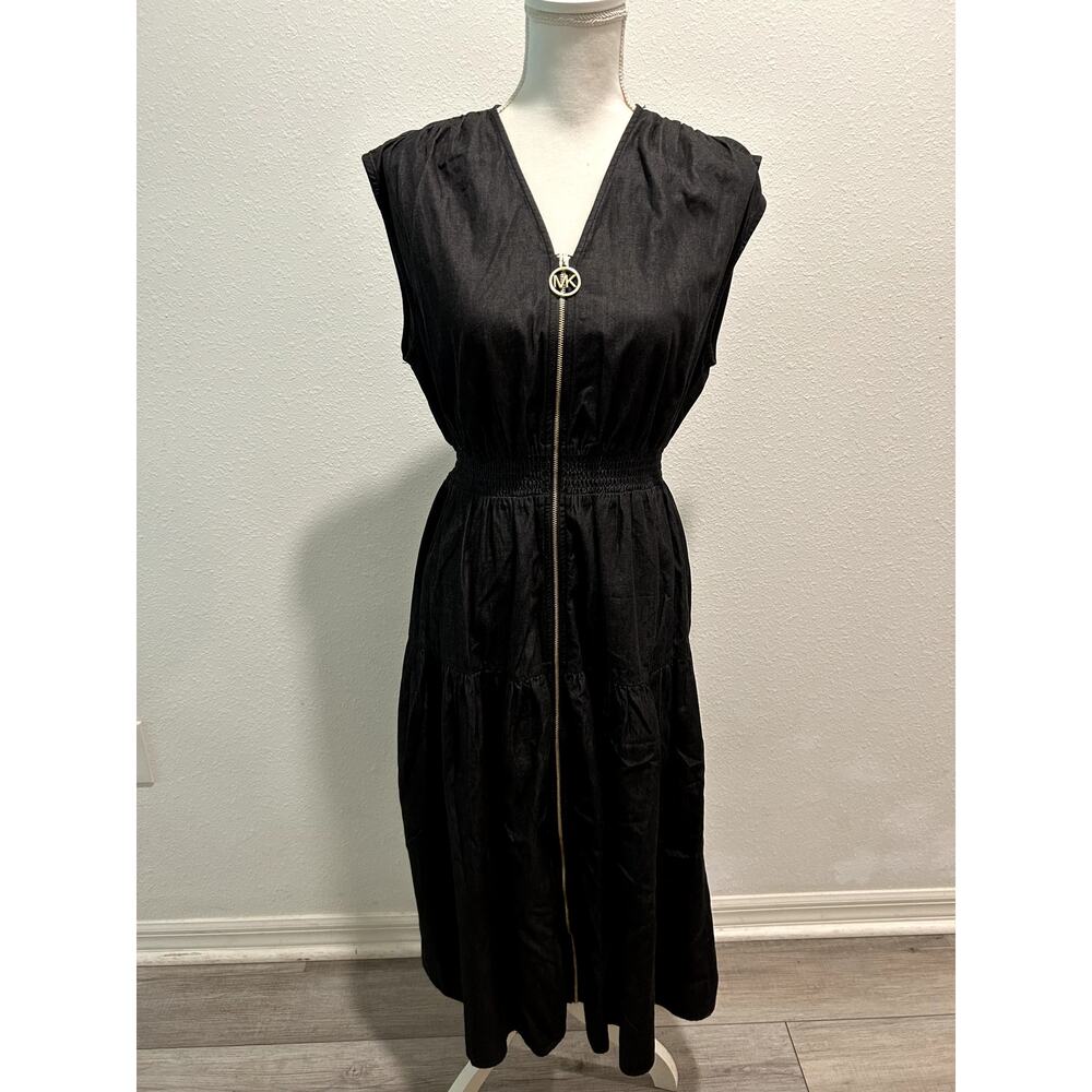 Michael Kors Womens Empire-Waist Zip-Front Summer Dress Black Rinse Size Small